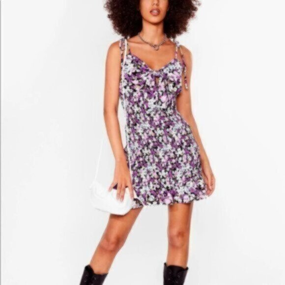 NWT Floral Tie Strap Ruffle Hem Mini Dress - Picture 1 of 5